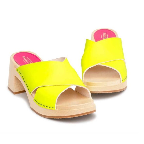 Hasbeens Anette High Neon Yellow Slip On Heeled Sandal Wood Block Strappy 39 - Picture 1 of 16